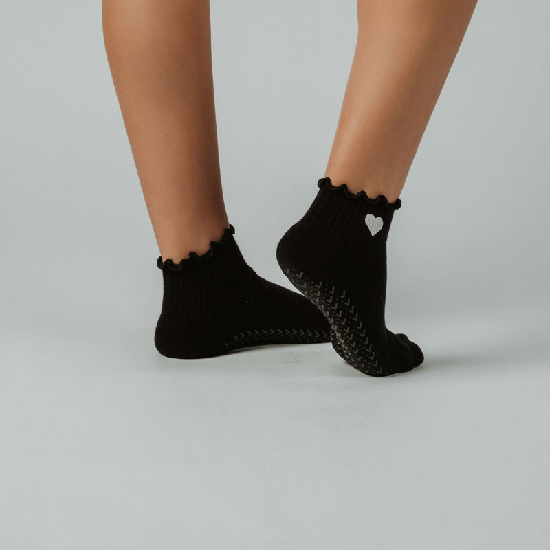 Love Spell nan cut grip socks in dark/black tones — non-slip for Pilates, Barre & Yoga